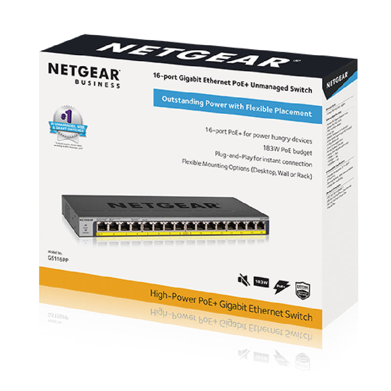 NETGEAR GS116PP 16-Port Gigabit Ethernet High-Power Unmanaged PoE+ Switch with FlexPoE (183W)