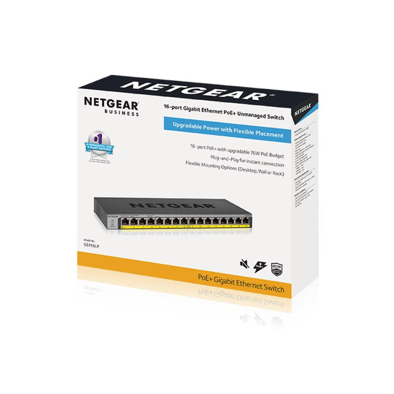 NETGEAR GS116LP 16-Port Gigabit Ethernet Unmanaged PoE Switch - with 16 x PoE+ @ 76W Upgradeable, Desktop/Rackmount, and ProSAFE Limited Lifetime Protection