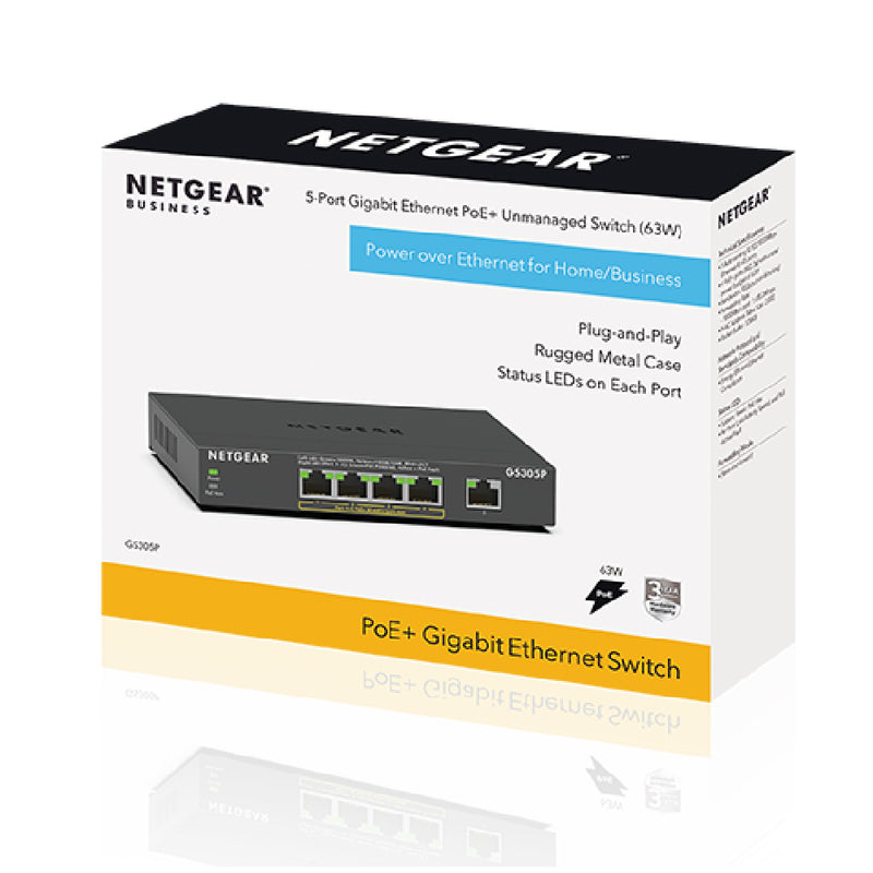 NETGEAR GS305 5-Port Gigabit Ethernet Unmanaged PoE Switch - with 4x PoE @63W