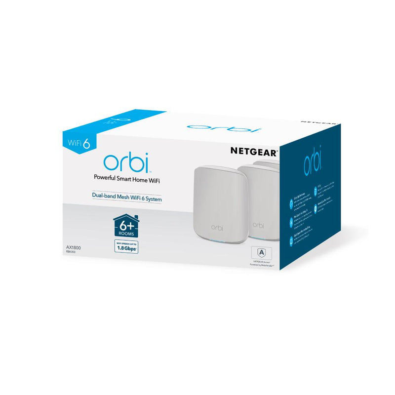 NETGEAR Orbi RBK353 Larger Whole Home Dual Band Mesh WiFi 6 System  – Router with 2 Satellite Extenders | Coverage up to 5,250 sq. ft. and 30+ Devices | AX1800 WiFi 6 (Up to 1.8Gbps)
