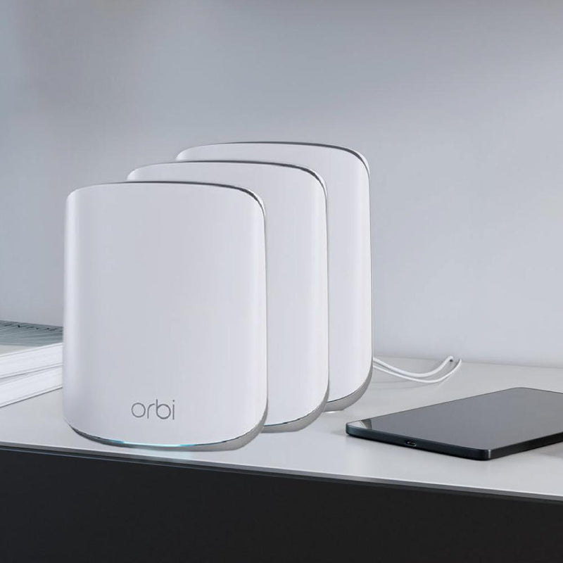 NETGEAR Orbi RBK353 Larger Whole Home Dual Band Mesh WiFi 6 System  – Router with 2 Satellite Extenders | Coverage up to 5,250 sq. ft. and 30+ Devices | AX1800 WiFi 6 (Up to 1.8Gbps)