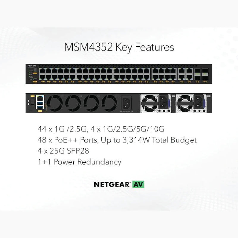 NETGEAR M4350-44M4X4V Fully Managed Switch (MSM4352) 44x2.5G, 4x10G/Multi-gig PoE++ 4xSFP28 25G