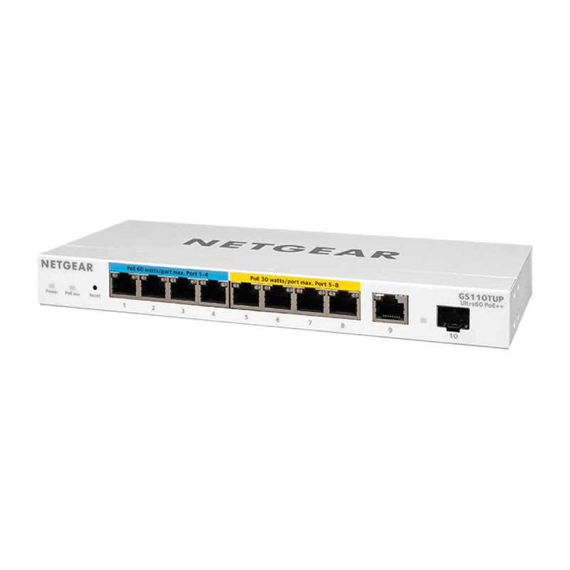 NETGEAR GS110TUP 10-Port Ultra60 PoE Gigabit Ethernet Smart Switch - 8 x 1G, Managed, Optional Insight Cloud Management, 4 x PoE+ and 4 x PoE++ @240W, 2 x 1G Uplinks, Desktop, Wall, or Rackmount