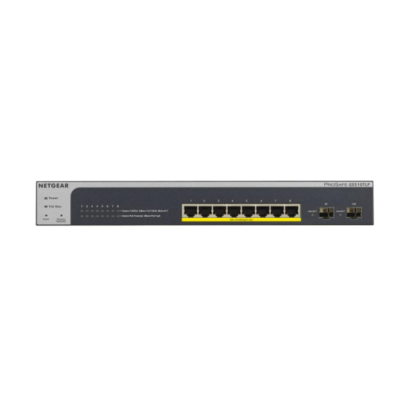 NETGEAR GS510TLP 10-Port Gigabit Ethernet Smart Managed Pro PoE Switch - with 8 x PoE+ @ 75W, 2 x 1G SFP, Desktop/Rackmount, and ProSAFE Limited Lifetime Protection