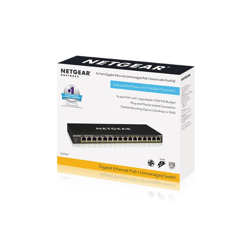 NETGEAR 16-Port Gigabit Ethernet Unmanaged PoE+ Switch (GS316P) - with 16 x PoE+ @ 115W, Desktop/Wallmount, Sturdy Metal 