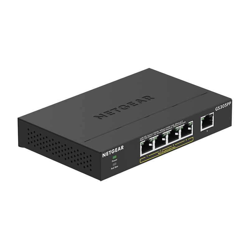 NETGEAR GS305PP 5-Port Gigabit Ethernet Unmanaged PoE+ Switch - with 4 x PoE @ 83W, Desktop, Sturdy Metal Fanless Housing