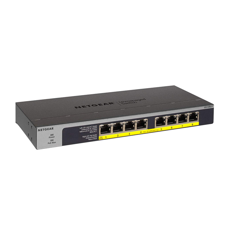 NETGEAR GS108LP 8-Port Gigabit Ethernet Unmanaged PoE Switch - with 8 x PoE+ 60W Upgradeable, Desktop/Rackmount, and ProSAFE Limited Lifetime Protection