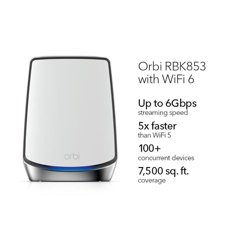 NETGEAR Orbi RBK853 Ultra-Performance Tri-band Mesh WiFi 6 System - AX6000 (1 Router + 2 Satellites)